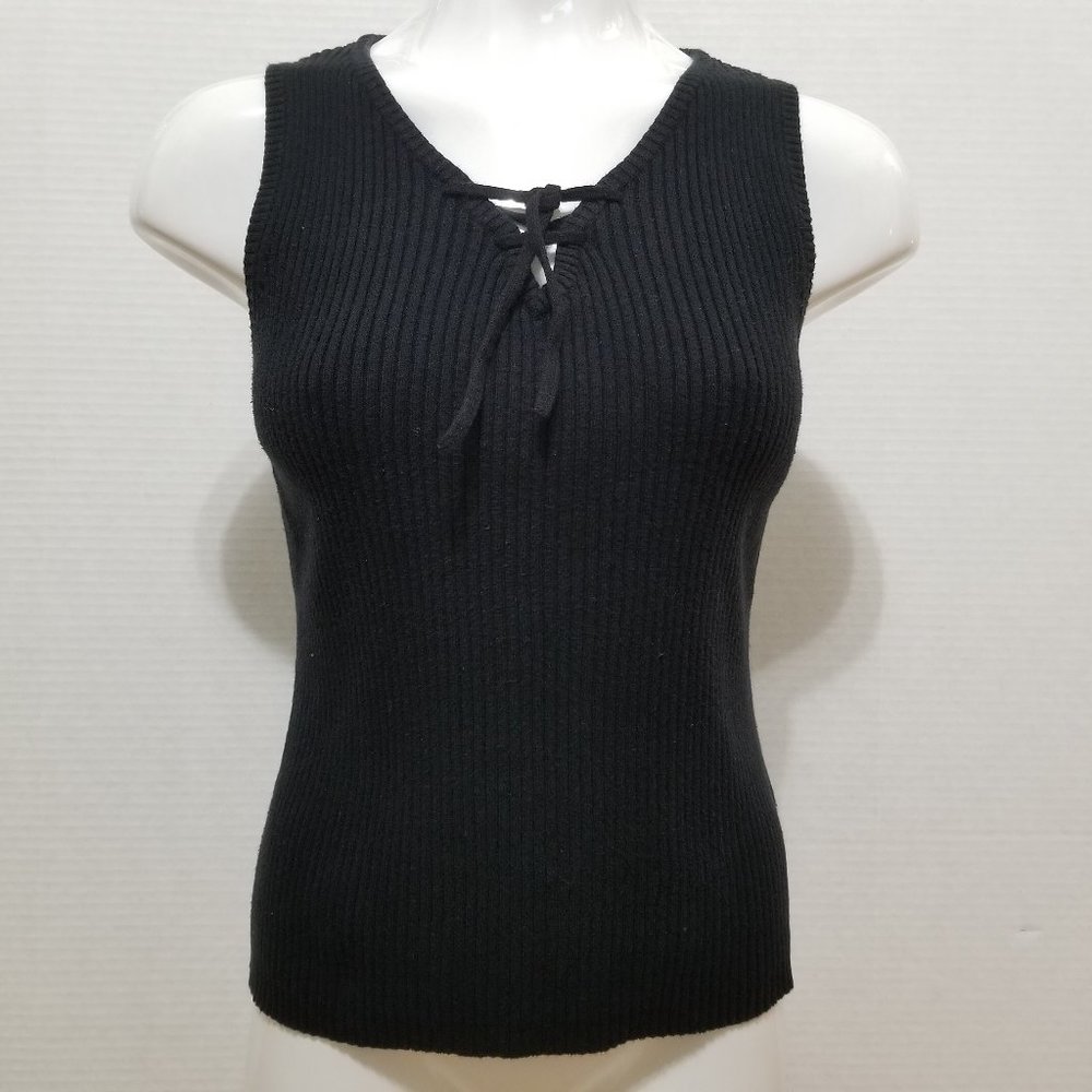 Tomfoolery top Large sleeveless ribbed knit tank tie neck early 2000's Y2K VTG